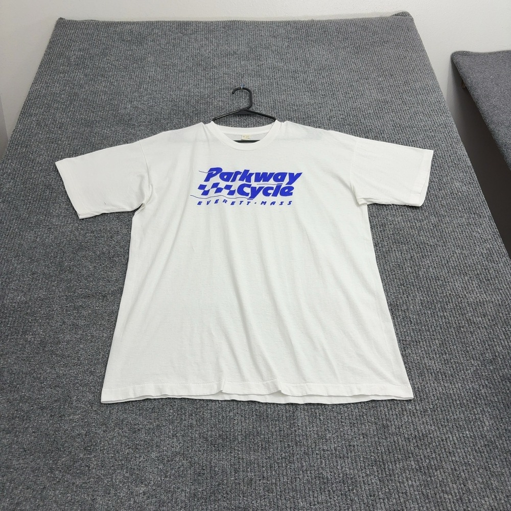 Vintage Parkway Cycle T Shirt Mens XL White Cotton Graphic Tee Retro Streetwear